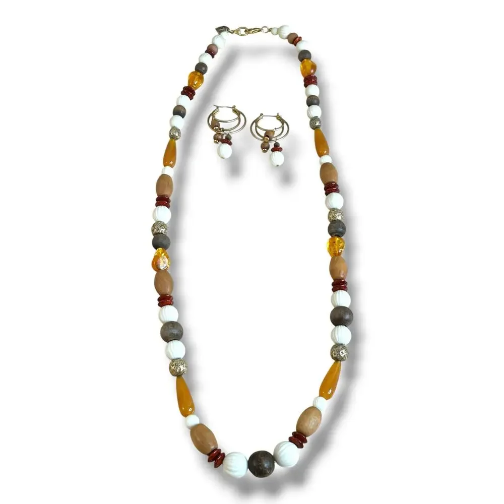 Vintage Liz Claiborne Autumn Hues Beaded Necklace Earrings Matching Set